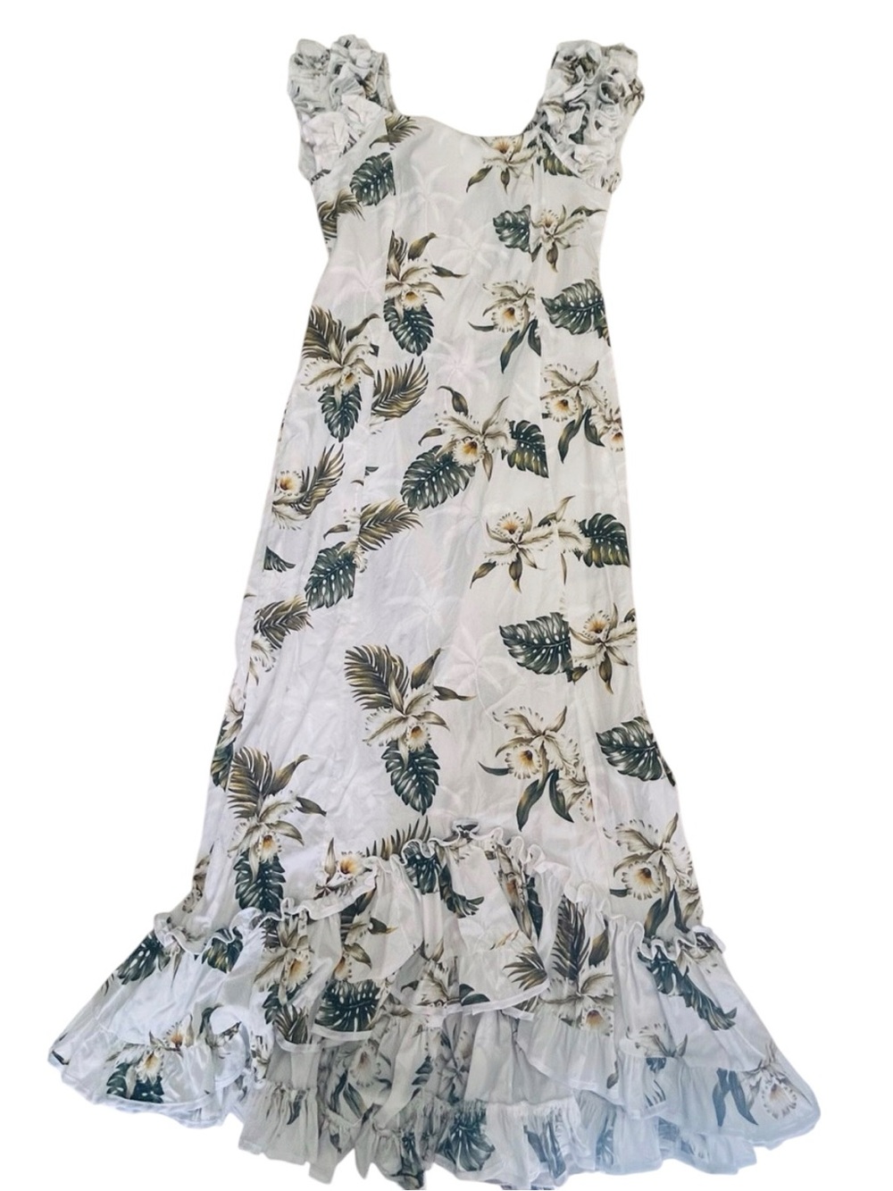 Vintage MAHALO Hawaiian Muumuu Dress White Tropical Floral Ruffle Mermaid Small